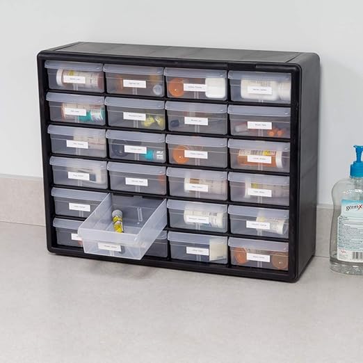 Akro-Mils 24-Drawer Plastic Drawer Storage Cabinet for Garage Organization, Bead Organizer, Building Bricks Storage, Teacher Toolbox, Makeup Organizer, 20-Inch W x 6-Inch D x 16-Inch H, 10124 Black