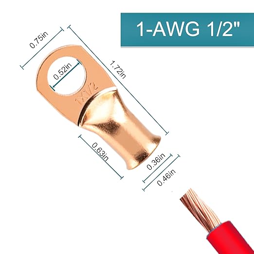 8PCS Battery Cable Ends, 1 Gauge Wire Connectors 1/2 Copper Wire Lugs, Bare Copper Eyelets with Heat Shrink Tubing by HOUSUN