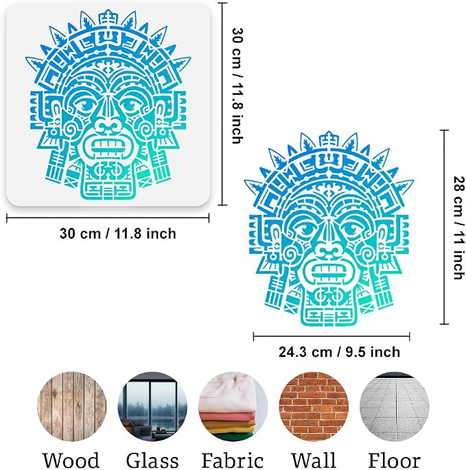 Aztec Head Stencil for Painting, 11.8" x 11.8" Reusable Mayan Stencil Drawing - Image 2