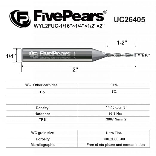 FivePears Up Cut Spiral Router Bit for CNC, 1/16 inch Cutting Diameter and 1/2 inch Cutting Length 1/4 inch Shank Carbide End Mill Router Bit for Wood Carving Engraving Grinding Grooving