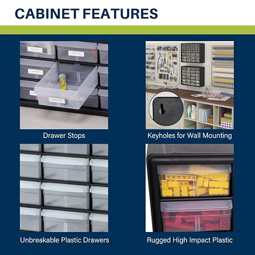 Akro-Mils 24-Drawer Plastic Drawer Storage Cabinet for Garage Organization, Bead Organizer, Building Bricks Storage, Teacher Toolbox, Makeup Organizer, 20-Inch W x 6-Inch D x 16-Inch H, 10124 Black