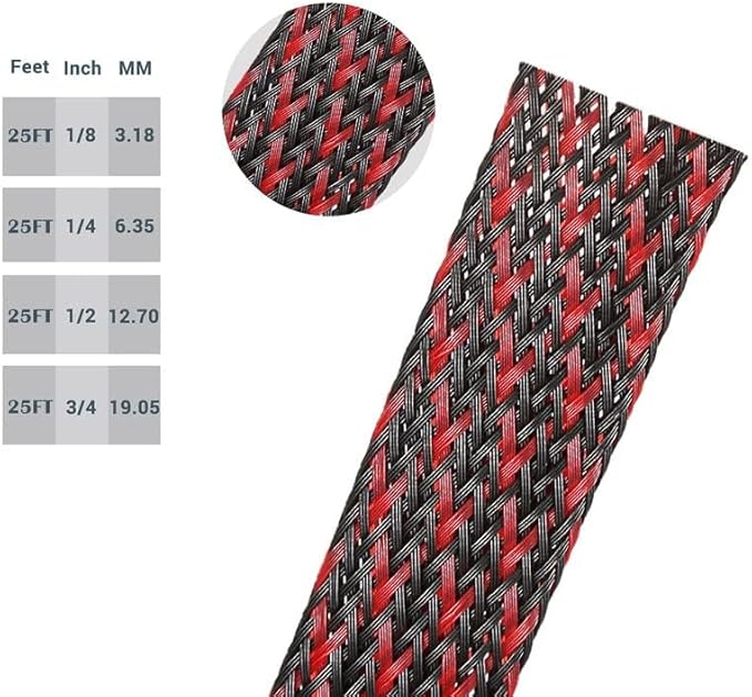 25ft - 1/8 inch Braided Cable Management Sleeve Cord Protector PET Expandable Braided Sleeving-Self-Wrapping Wire Loom for TV/Computer/Home Theater/Engine Bay - Black&Red