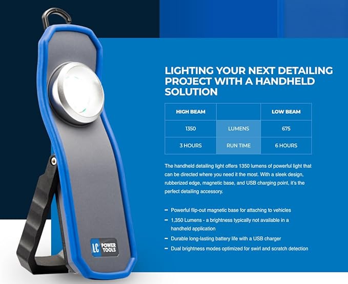 Lake Country Paint Inspection Light – Detailing LED Light w/Retractable Hook, Flip-Out Magnetic Base and Charging Cable - 1350 Lumens