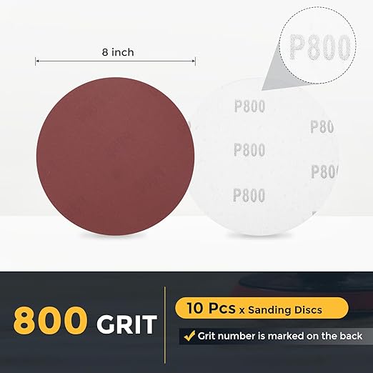 HARFINGTON 10 Pcs 8 Inch Sanding Disc 800 Grit Hook and Loop Sandpaper Random Orbital Sander Pads for Woodworking Automotive Metal Polishing
