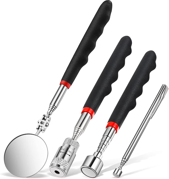 Patelai 4 Pcs Telescoping mechanic Magnet Tool Inspection Mirror Set with 2 lb 20 lb Magnetic Pickup Tool 8lb LED Light Telescoping Magnet Stick Gadget 360 Swivel for Father Day Men Gift Birthday
