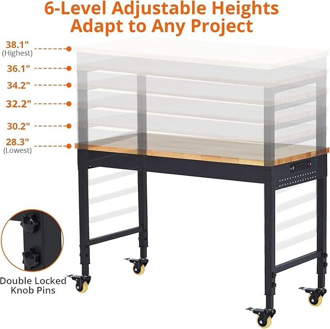 48x24 Inch Garage Workbench with Wheels, Adjustable Rubber Wood Top Garage Workbench with Power Outlet, 2000 Lbs Load Capacity, for Workshop, Woodworking, Office, Home.