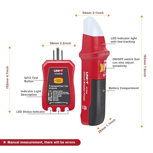 UNI-T AC Circuit Breaker Finder and Tracer Tool Kit with Electrical Integrated GFCI Outlet Tester, AC 90-120V USA Plug + Adjustable Sensitivity Beeper Indicattion+ Flashing LED Light - UT25A
