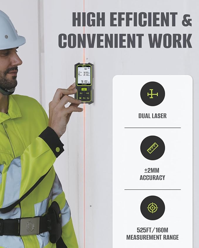 Dual Laser Measurement Tool, 525Ft/160M Bilateral Laser Distance Meter, Rechargeable Laser Measure with Ft/in/M Multiple Units, Angle Sensor, Pythagorean Mode, Area and Volume