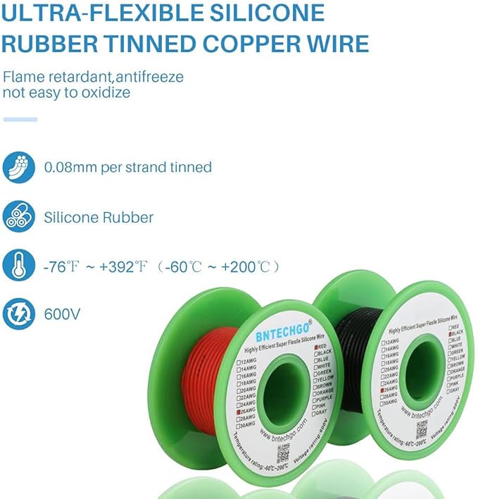 BNTECHGO 26 Gauge Silicone wire spool red 25ft and black 25ft Flexible 26 AWG Stranded Tinned Copper Wire