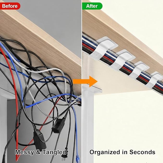 Cable Management Under Desk, 60 Pair Cord Organizer Straps | Reusable hook and - Image 2
