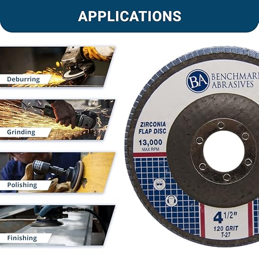Benchmark Abrasives 4.5" Premium Zirconia Type 27 Flat Flap Discs Grinding Wheels for Sanding Stock Rust Removal Finishing Grinding Deburring Stainless Steel, 7/8" Arbor (100 Pack) - 120 Grit