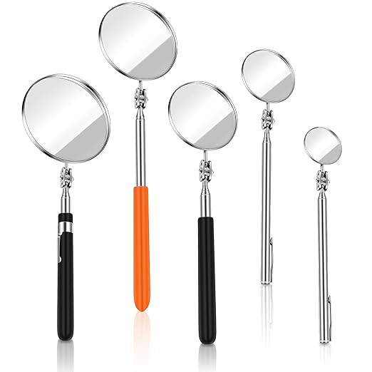 5 Pcs Telescoping Inspection Mirror Set Round Stainless Steel Mirror 360 Rotation Adjustable Inspection Tool with Long Handle for Check The Vehicle, Observe The Eyelashes, Mouth(Classic Style)