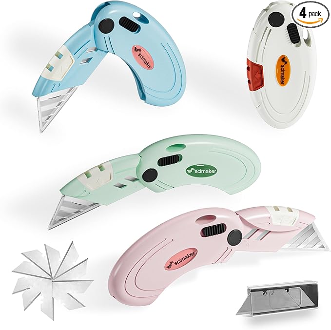 4 Pack Folding Utility Knife with 10 Extra Blades,Box Cutters with Button Lock Mechanism,Navajas Para Trabajo for Home,Office and Warehouse,4 Colors.