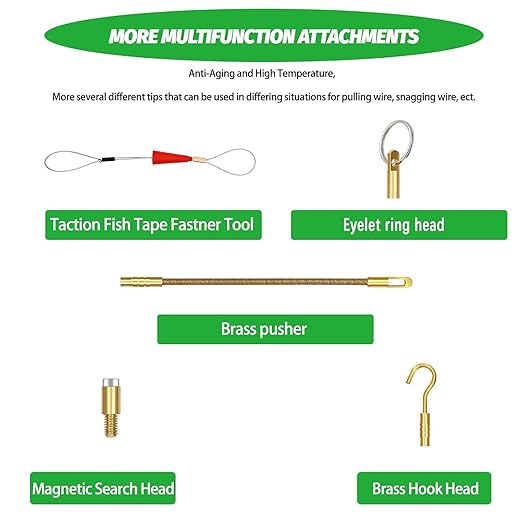 33 Ft Fiberglass Cable Wire Running Pull Push Kit Coaxial Electrical Connectable Fish Tape with Hook and Hole Kit in Transparent Tube Green