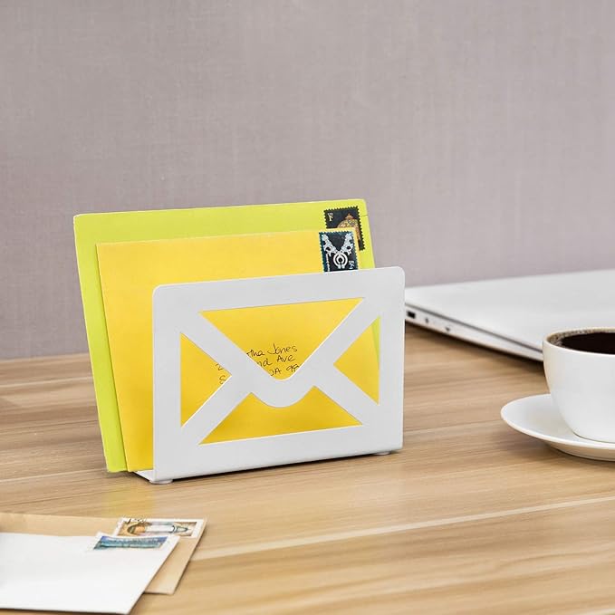 MyGift White Metal Desktop Mail Holder with Cutout Envelope Design Home and Office Desk Letter Organizer