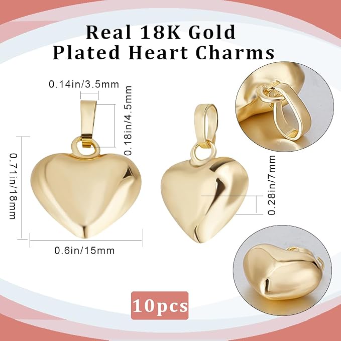 Beebeecraft 1 Box 10Pcs Puffed Heart Charm 18K Gold Plated Smooth Small Love - Image 2
