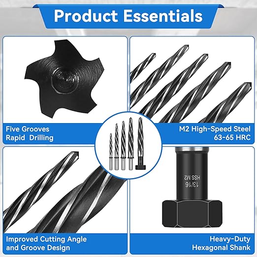 Makerfire 5PCS M2 HSS Taper Chucking Reamer Set, 3/8", 1/2", 5/8", 3/4", 13/16" Reamer Fit 1/2" Round Shank, Tapered Reamer Drill Bit for Metal, Alloy, Steel, Aluminum, Wood, Plastic