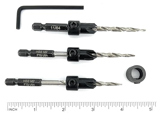 FTG USA Countersink Drill Bit Set for Wood with Tapered Drill Bit 3 Pc #8 (11/64")