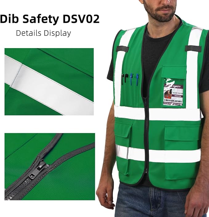 Dib Safety Reflective Vest High Visibility with Pockets and Zipper, Green 3XL