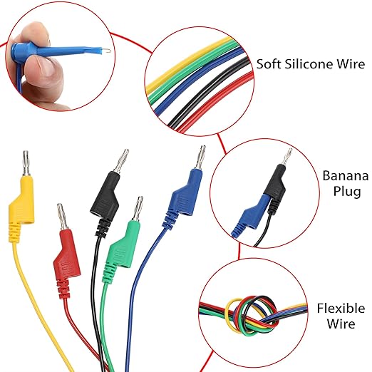 Sumnacon Multimeter Test Lead Set - 5Pcs Stackable Banana Plug to Test Hook Wire Cable Kit with Protective, Flexible Wire Leads for Electrical Testing 500V/5A 9.8Ft/3M