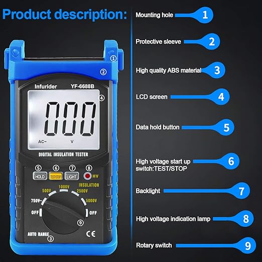 YF-6688B Digital Insulation Resistance Tester MegOhmmeter DC AC Voltmeter,Test Voltage 5000V,Insulation Resistance 200G Ohms with Large LCD Backlit and High Volt Indication