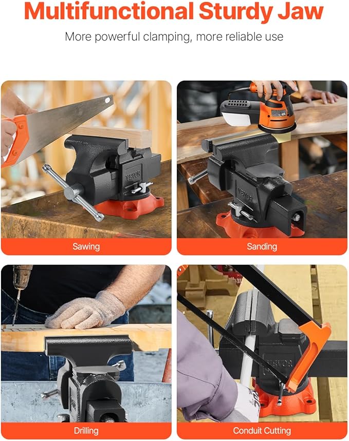 VEVOR Bench Vise, 5" Jaw Width, 5" Max Jaw Opening Multipurpose Vise with 360° Swivel Locking Base, 2.8" Throat Depth, Heavy Duty Ductile Iron Workbench Vise with Anvil, for Clamping Round Pipes
