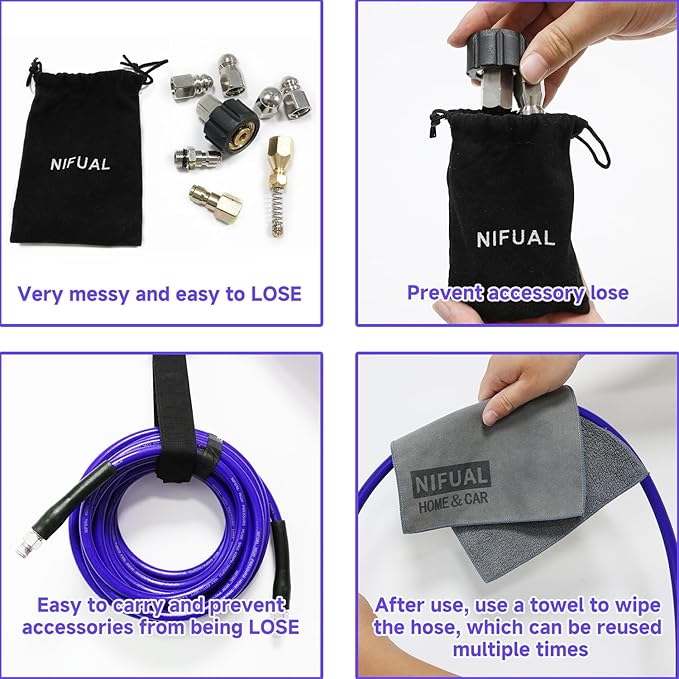 NIFUAL 150FT Sewer Jetter Kit for Pressure Washer, 5800PSI Drain Cleaner Hose 1/4 Inch NPT Corner, Rotating and Button Hose Sewer Jetting Nozzle Waterproof Tape Pearl Corsage Pin Spanner Glove