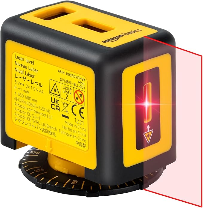 Amazon Basics 360 Degree Rotating Laser Class II Level with 2 Extra-Large backlit bubble vials, 16 ft / 192 in, Yellow/Black