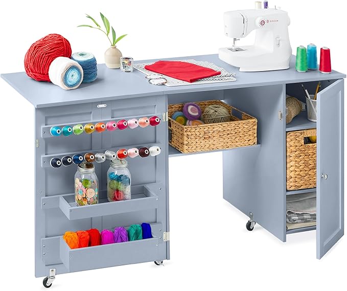 Best Choice Products Large Folding Sewing Table, Caster Wheels, Storage Shelves by Unknown
