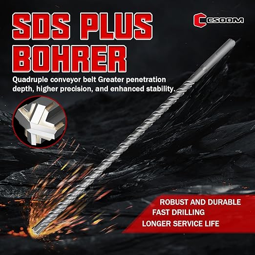 CSOOM SDS Plus Rotary Hammer Drill Bit 3/8"x12.2", Professional Concrete Drill Bit for Concrete, Brick, Stone and Cement Walls