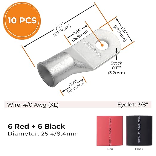 SELTERM 10pcs - 4 Awg (XL) 3/8" Stud Battery Lugs - Ring Terminal Connectors with 12pcs 3:1 Black & Red Heat Shrink Tubing with Adhesive, Heavy Duty Battery Cable Ends - Tinned Copper Wire Lugs Kit