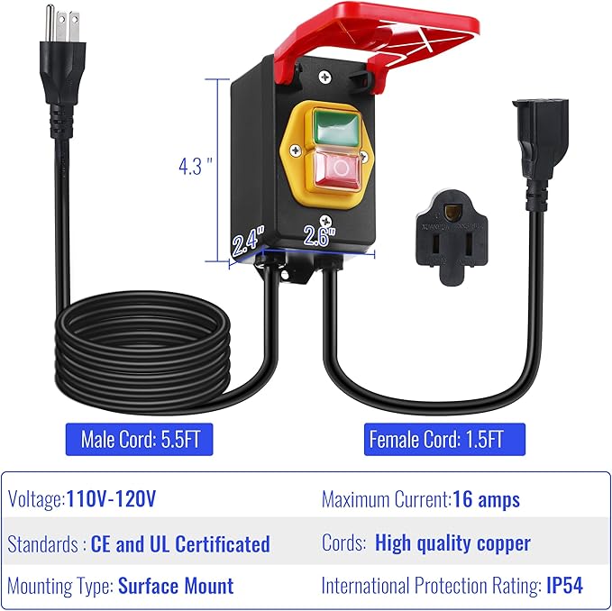 Dreyoo 2 Pack 120/230V Single Phase On/0ff switch, 120V 2HP Router Table Switch with Large Stop Sign Paddle Easy Contact for Fast Power Off for Table Saw and Other Electrical Equipment (1 Female Plug)