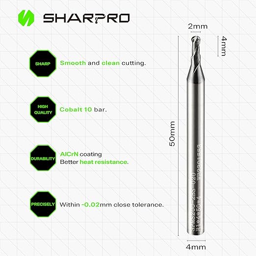 Carbide Ball Nose End Mill 2 Flute 4mm SHK. 2mm Cutting Dia. 3D Carving, High-Speed and Deep Cutting, AlCrN Coated, Apply for Alloy Steel, Stainless Steel and Various Cast Iron.