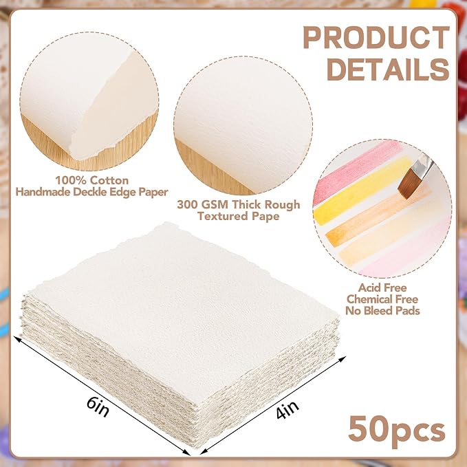 50 Sheets Watercolor Paper 4 x 6inch, 300 GSM Deckled Edge Paper Rough/Textured - Image 2