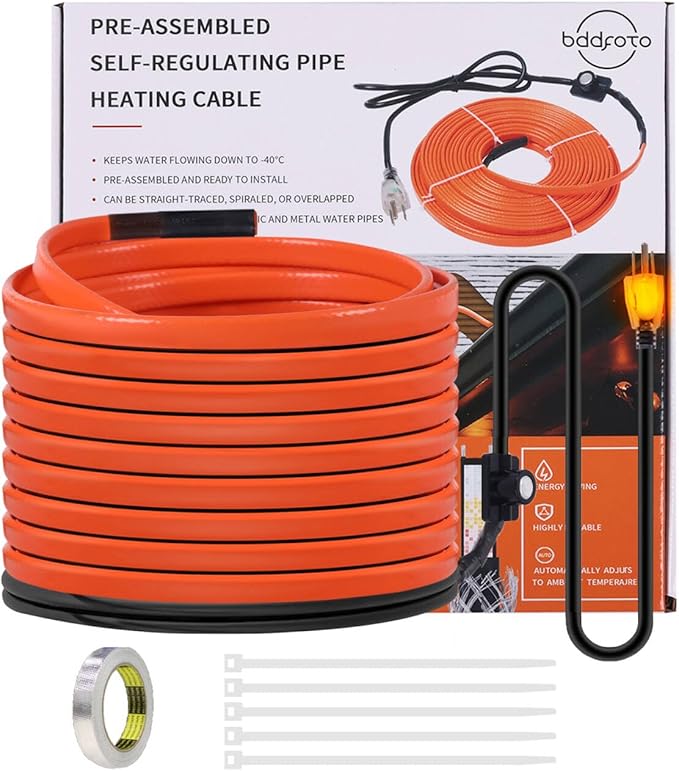 15FT Heat Tape for Water Pipes Freeze Protection IP65 Waterproof 7W/FT 110V BDDFOTO Water Pipe Heat Cable With Thermostat Self-Regulating Pipe Heater for House Garden/RV Camper