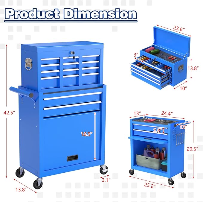 Rolling Tool Chest with Wheels, 8-Drawer High Capacity Tool Box with Wheels, Removable Storage Toolbox with Lock for Garage, Workshop