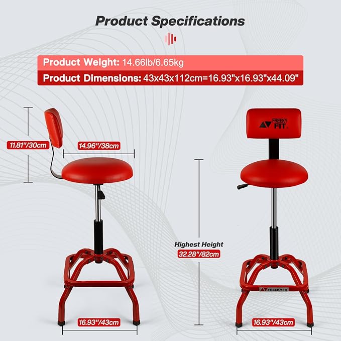 Shop Stool with Backrest, Mechanic Garage Stool for Workshop, Adjustable Stool Chair, Padded Workbench Stool for Men Women, 300 LBS Capacity, 360° Swivel PVC Seat, Heavy Duty, Red