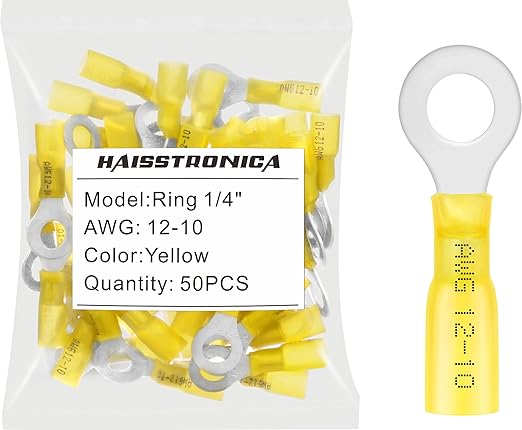 haisstronica 50pcs 1/4" Yellow Marine Grade Heat Shrink Ring Connectors,12-10 Gauge Tinned Red Copper 1mm Ring Terminals Connectors,Brazed-Seam Insulated Electrical Crimp Wire Terminals