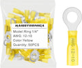 haisstronica 50pcs 1/4" Yellow Marine Grade Heat Shrink Ring Connectors,12-10 Gauge Tinned Red Copper 1mm Ring Terminals Connectors,Brazed-Seam Insulated Electrical Crimp Wire Terminals