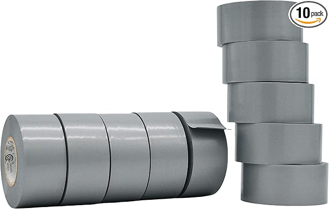 WOD ETC766 Professional Grade General Purpose Gray Electrical Tape UL/CSA Listed core. Vinyl Rubber Adhesive Electrical Tape: 1.5 inch X 66 ft - Use at No More Than 600V & 176F (Pack of 10)