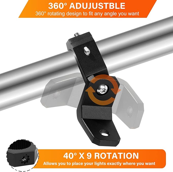 Light Bar Mounts Roll Cage - 360° (40°x9) Rotating Aluminium LED Lights Bar Bracket for 1.75”-2” Roll Bar UTV ATV Accessories, Mounting Clamp for Jeep Truck Off-Road Work Fog Lights M6 M8 M10, Pack 2