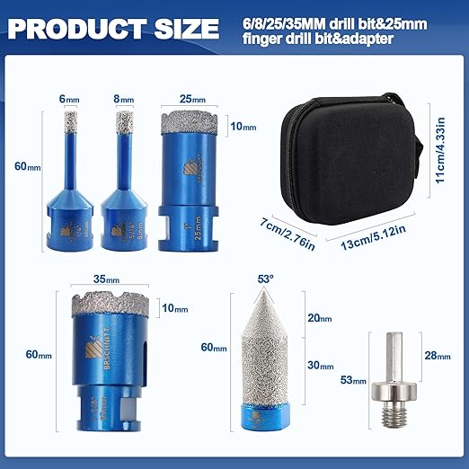 Tile Hole Saw Kit - BRSCHNITT Diamond Core Drill Bit Set 1/4",5/16",1",1-3/8"Drill Bit &4/5" Diamond Chamfer Milling Bit for Porcelain Tile Ceramic Marble Granite & Adapter