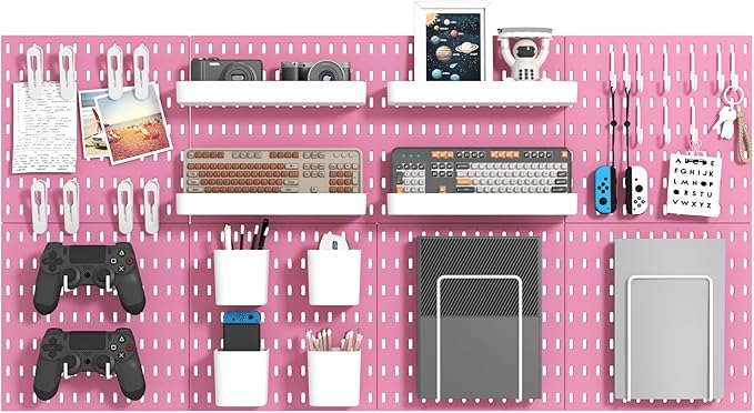 Pegboard Combination Kit, Wall Mounted Storage Set with 8 Pegboards & 32 Accessories Hanging, Pink Peg Boards Organizer for Walls Display, Crafts Organization, Kitchen Organizer, 22" x 44"