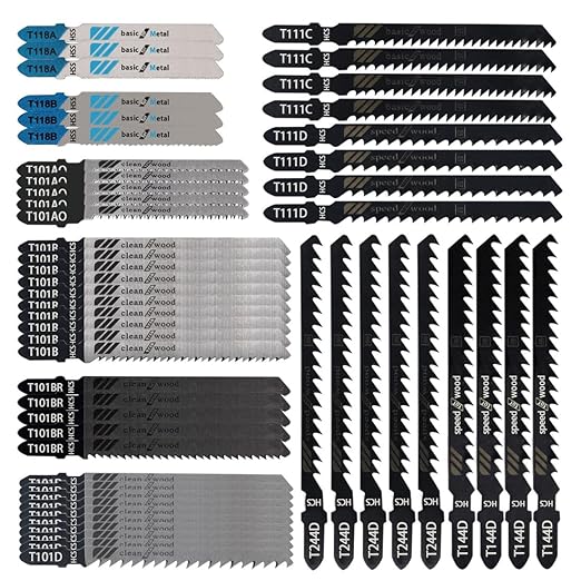 52PCS T Shank Jigsaw Blades Set,BeQell HCS/HSS Jig Saw Blades for Wood, Plastic and Metal Cutting(T118A,T118B,T101AO,T101B,T101BR,T101D,T111C,T11D,T144D,T244D)