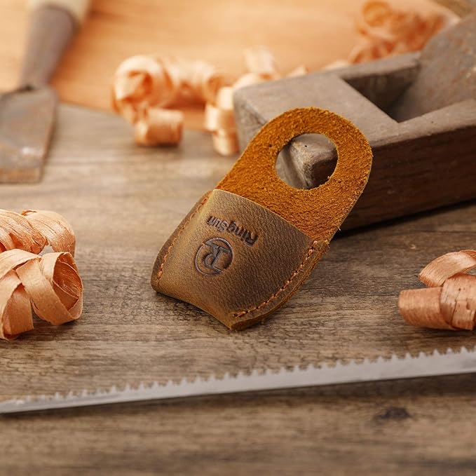 Ringsun Thumb Guard Wood Carving Tools, Leather Finger Protector, Handmade Carpenter Working Carving Kit Accessories Brown RS40