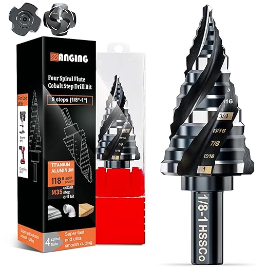 Four Spiral Flute Step Drill Bit for Metal,M35 Cobalt Unibit Step Drill Bit Set 1/8"-1"(9 Sizes),Wear-Resistant AlTiN Coated,3/8" Hex Shank for Metal, Stainless Steel, Aluminum, Plastic