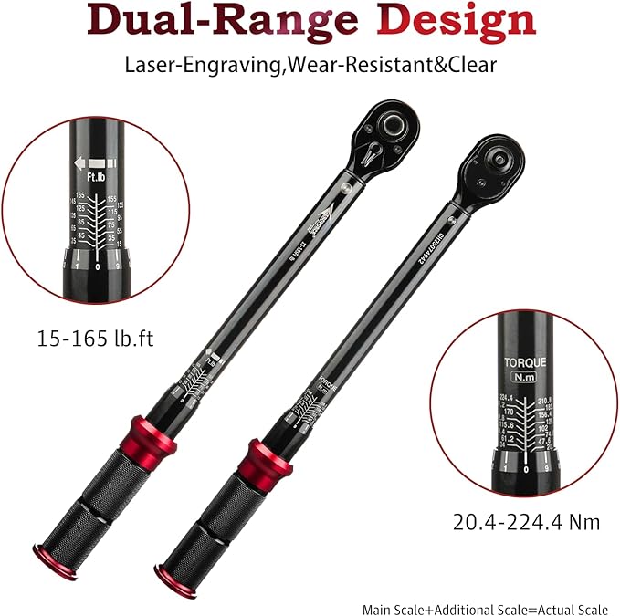 AEROFORCE 1/2-Inch Drive Torque Wrench（15-165 lb.ft / 20.4-224.4 Nm),72 Tooth Dual Direction Reversible Ratchet, Dual Range Scales, Precision Calibrated for Bike, Motorcycle and Car Repair