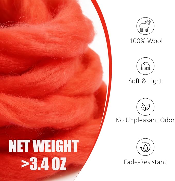 Felting Wool Red, 3.4oz Needle Felting Wool, Beginner Needle Felting Wool - Image 2