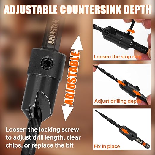 Countersink Drill Bit Set, 15PCS M2 Cobalt HSS Woodworking Tool Set, Adjustable Depth Tapered Drill Bit Set with 4 Wood Plug Cutters & 1/4" Hex Shank, Counter Sink Drill Bit for Wood with Storage Box