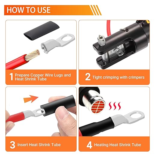 Kuject 220PCS Tinned Copper Wire Lugs Kit AWG 1 2 4 6 8 1/0 2/0 Gauge, Heavy Duty Battery Cable Lug Ends, Ring Terminal Connectors Assortment with 110PCS 3:1 Heat Shrink Tubing